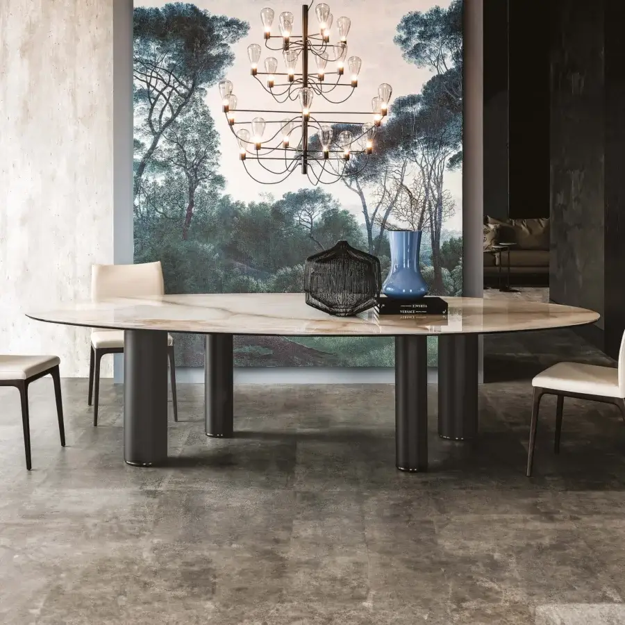 Exceptional Cattelan Italia Roll table with light beige Marmi ceramic top and matte dark gray cylindrical legs
