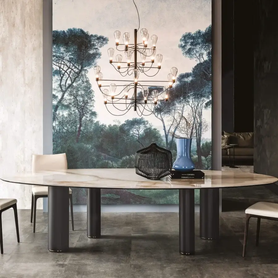 Captivating Cattelan Italia Roll table with light cream Marmi ceramic top and dark matte cylindrical legs