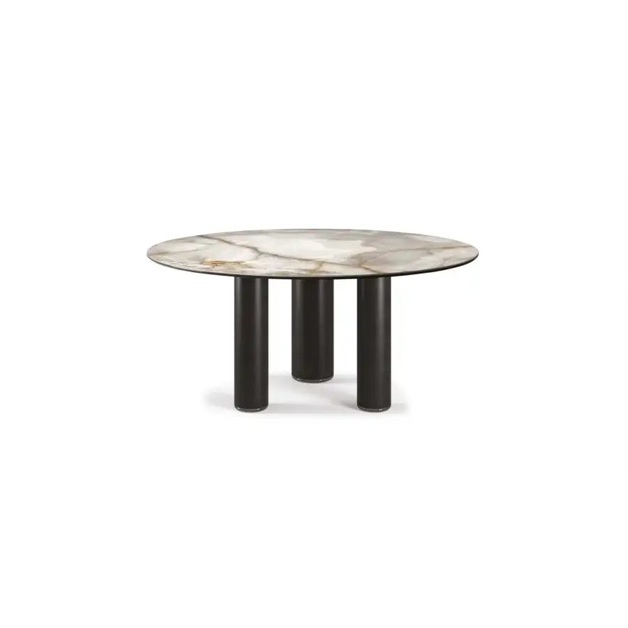 Exceptional Cattelan Italia Roll table with swirling Marmi ceramic top and dark matte finish cylindrical legs