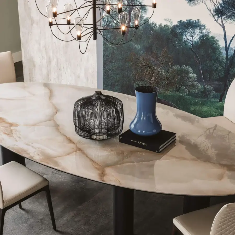 Exclusive Cattelan Italia Roll table with beige and brown veined Marmi ceramic top and dark cylindrical legs in glossy finish