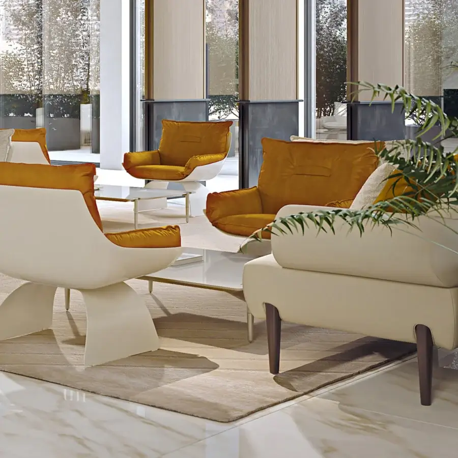 Superior Turri Silhouette sofa with soft seat, tubular armrests and light-colored textile upholstery with matte finish