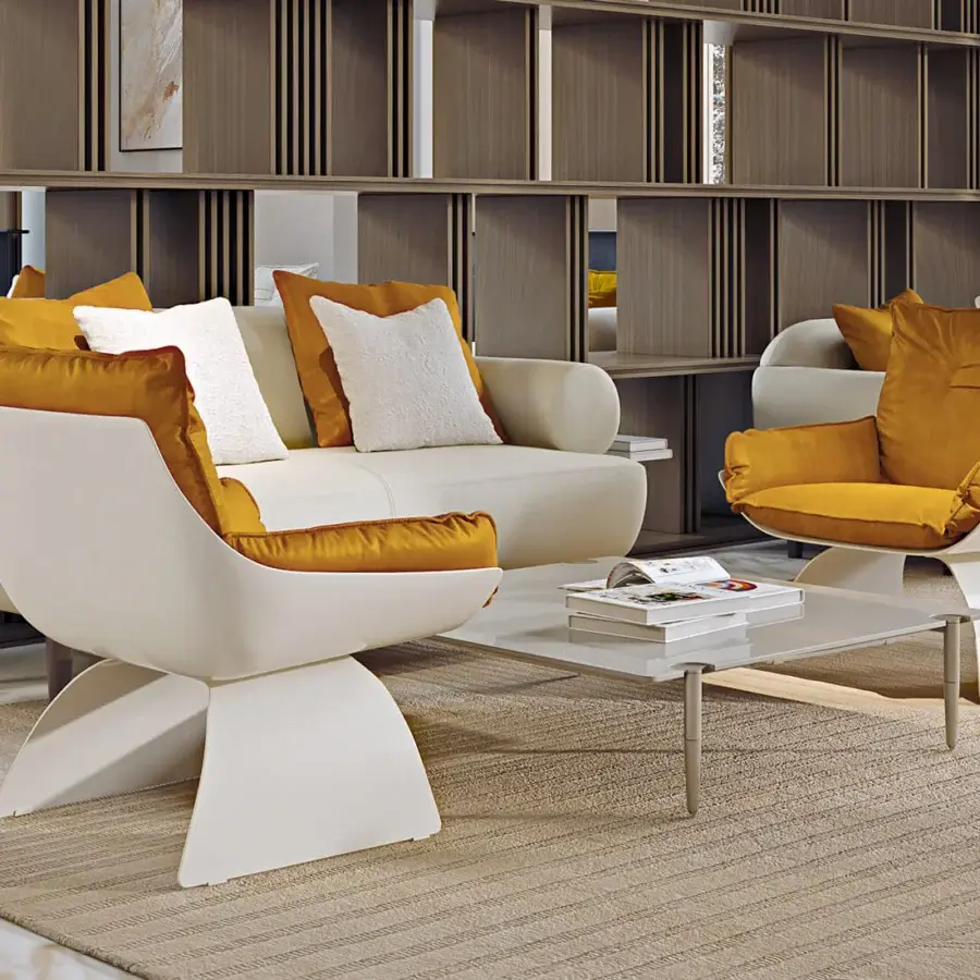 Exceptional Turri Silhouette sofa with golden-yellow textile, curved form and sleek matte finish