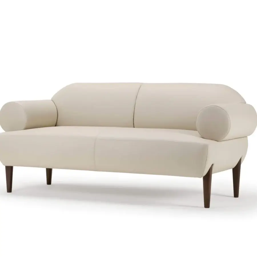 Superior Turri Silhouette sofa with cream-colored fabric upholstery and subtly tapered dark wood legs