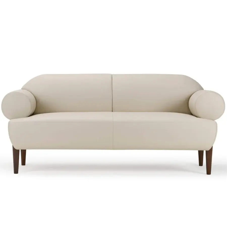 Exclusive Turri Silhouette sofa with light cream fabric upholstery and dark brown wooden legs