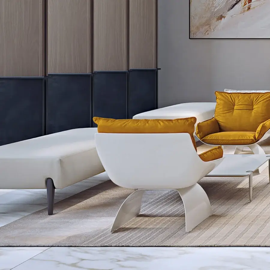Elegant Turri Silhouette bench upholstered in smooth white material with dark-stained Eucalyptus legs crafted in Italy