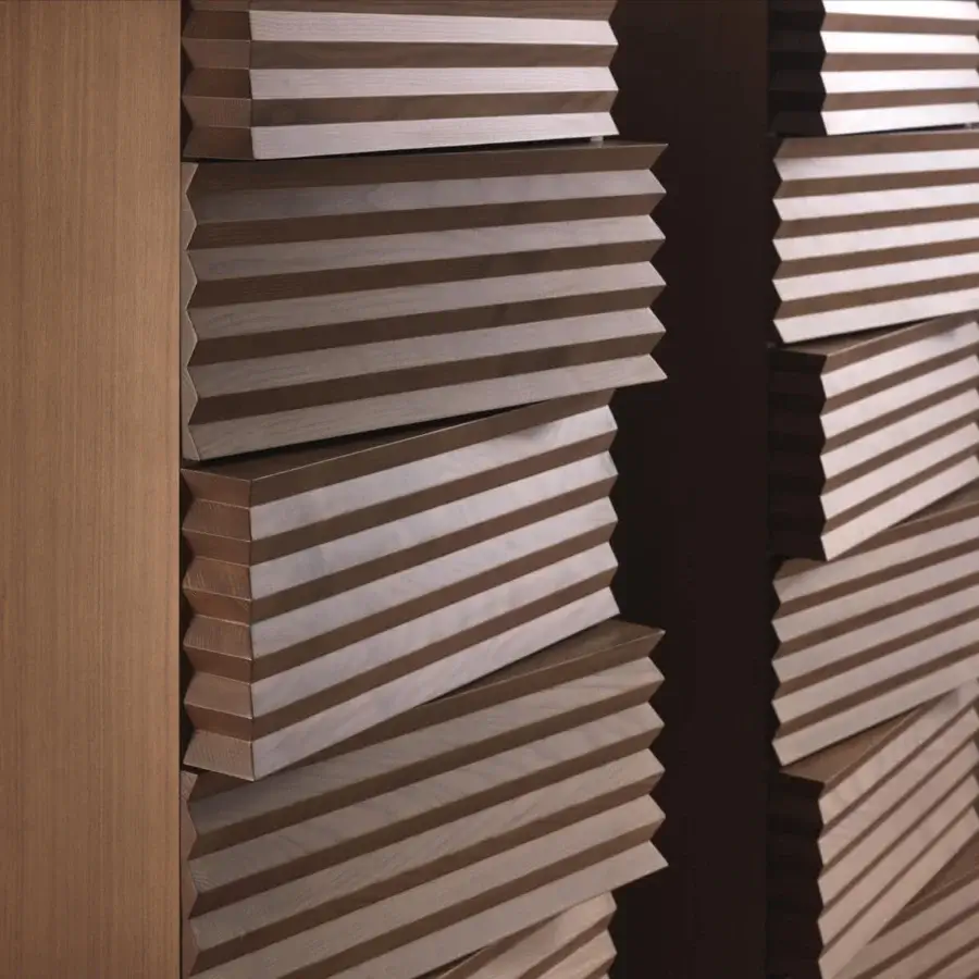 Exceptional Pacini & Cappellini Tiffany chest of drawers crafted with veneered ash wood and solid ash wood in light brown with darker brown grooved stripes