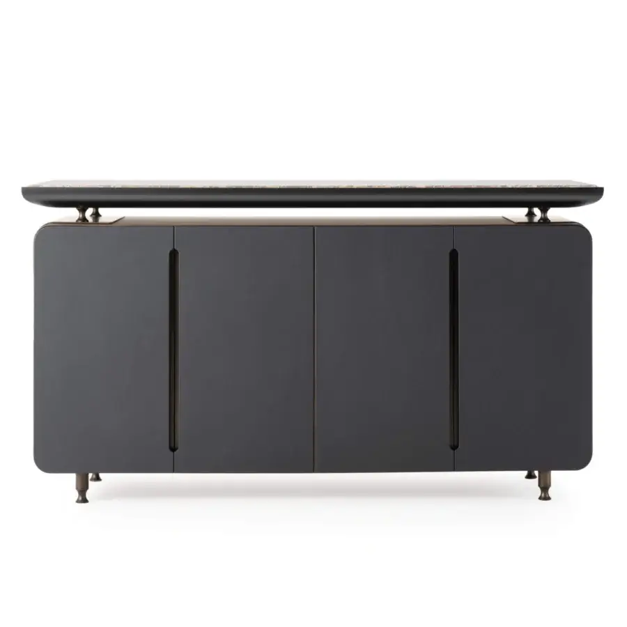 Distinguished Turri Silhouette sideboard with dark gray leather doors and marbled upper compartment in matte black lacquer