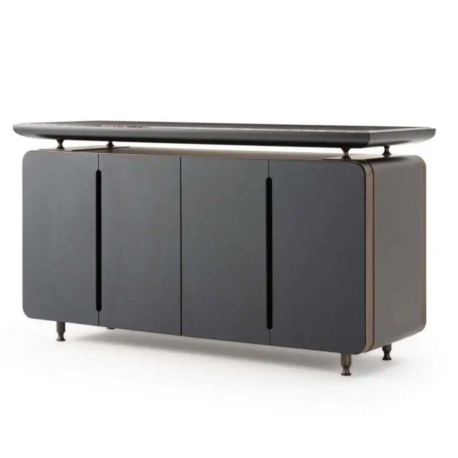 Exceptional Turri Silhouette sideboard with dark gray leather doors and a marble top built in Italy
