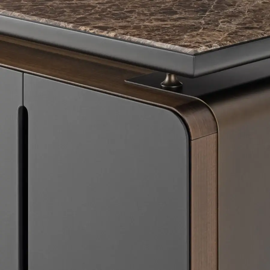 Distinguished Turri Silhouette sideboard with heat-treated eucalyptus doors in dark gray leather and a matte black lacquered compartment with brown marble