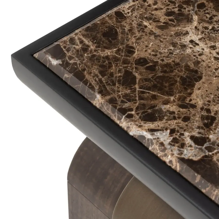 Elegant Turri Silhouette sideboard with marble top exhibiting brown and white veining, built with matte black lacquer and heat-treated eucalyptus doors