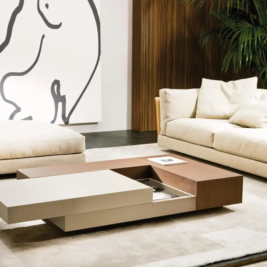 Superior Pacini & Cappellini Atollo coffee table with ash wood veneer and beige movable top exhibiting a smooth finish