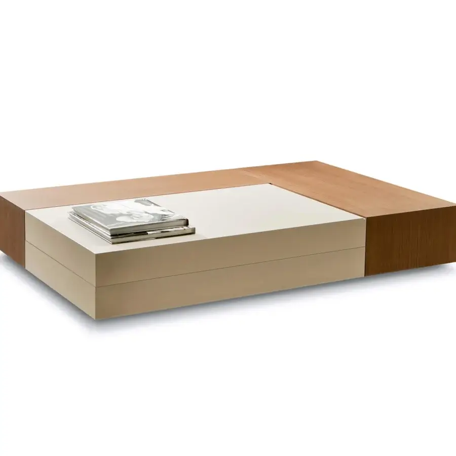 Elegant Pacini & Cappellini Atollo coffee table with a sliding ash veneered top and light cream fiberboard drawers