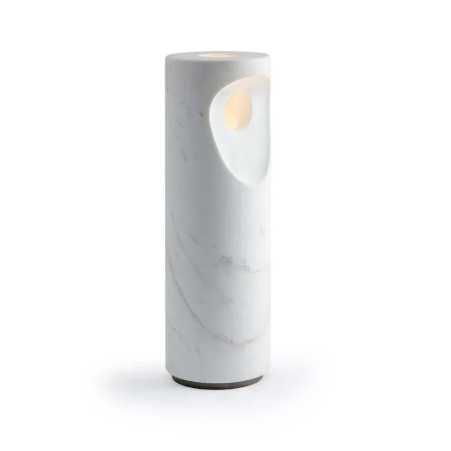 Elegant Turri Silhouette table lamp in white stone-like material with gray veining and varnished metal base