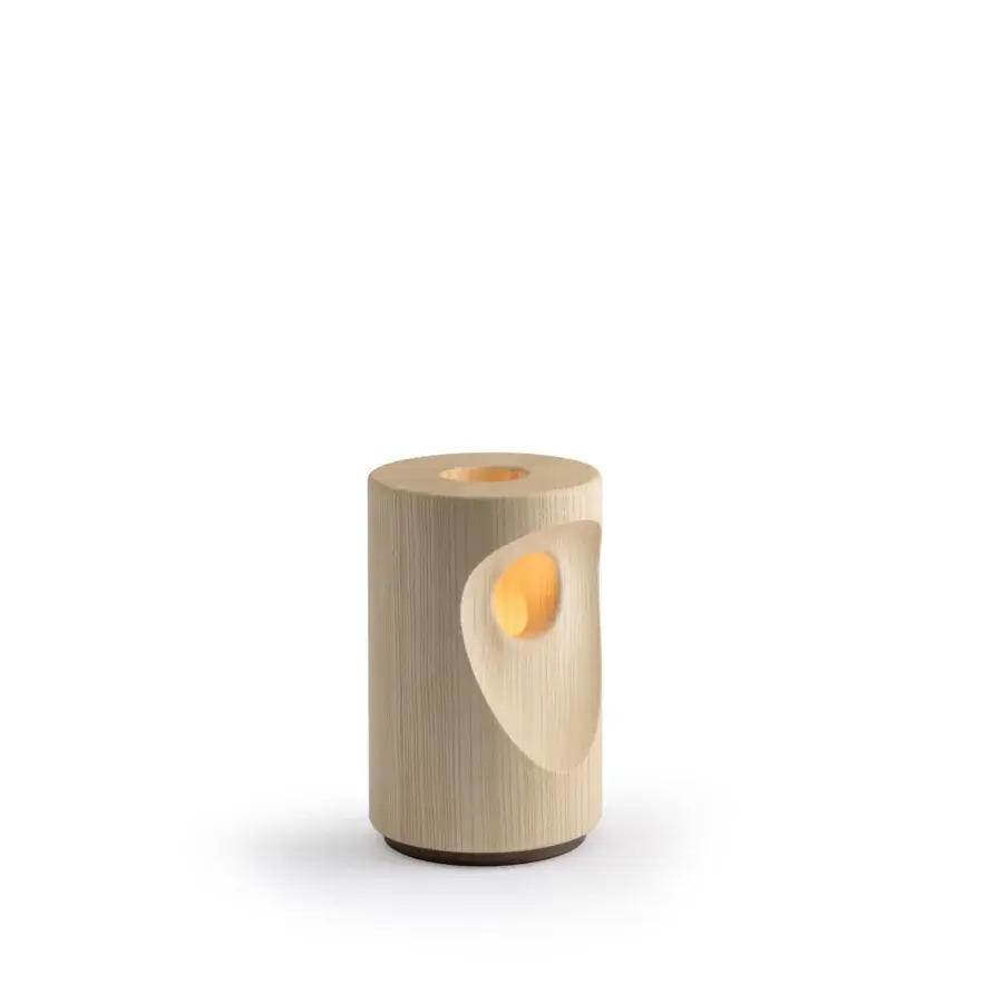Superior Turri Silhouette table lamp in natural wood with a smooth matte finish and dark varnished metal base