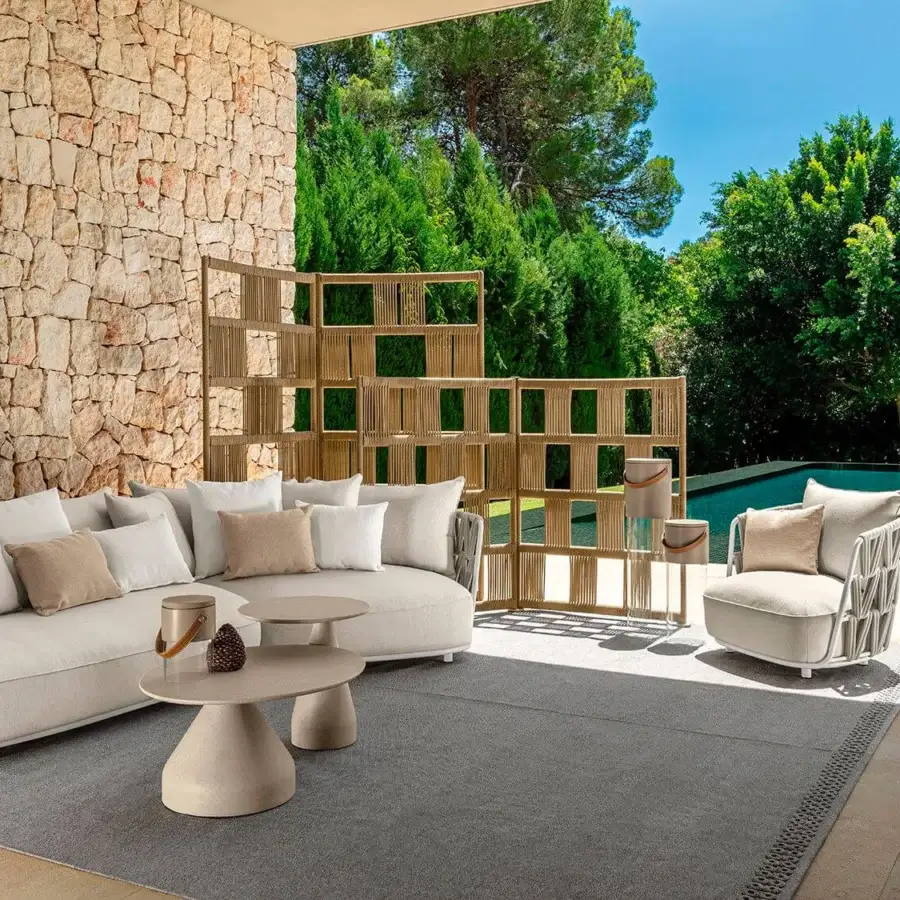 Distinguished Talenti Plaza coffee table with sinuous lines and a matte light beige concrete surface