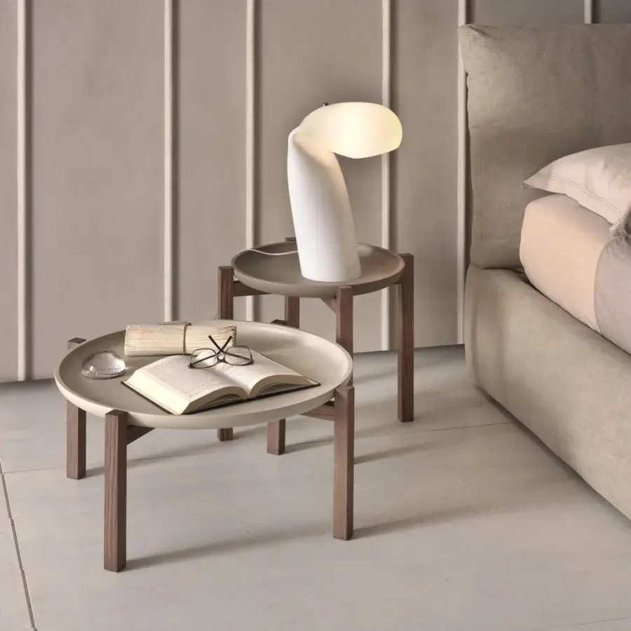 Superior Pacini & Cappellini Gong nightstand crafted in light beige with a matte finish and medium brown solid ash wood legs