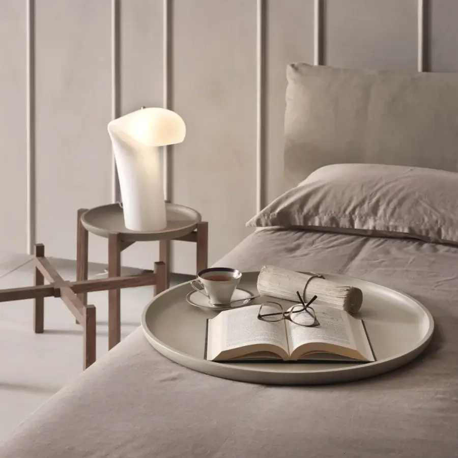Distinguished Pacini & Cappellini Gong nightstand crafted in medium gray-brown solid ash wood with a geometric base and tray top