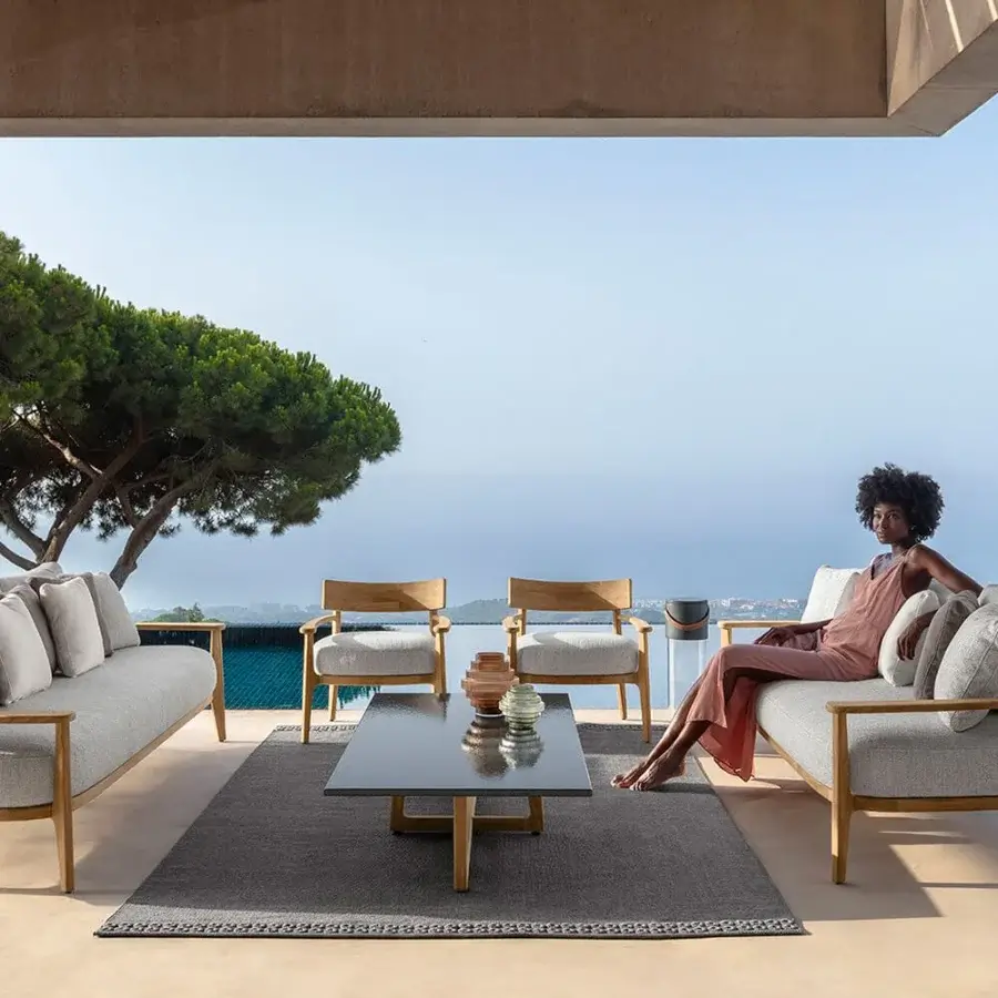Distinguished Talenti Ever sofa with gray woven textile and light-toned wood frame with matte finish
