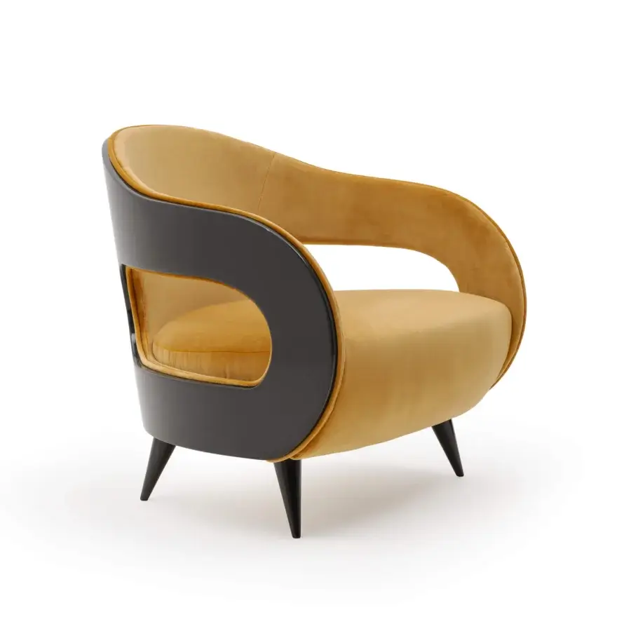 Superior Turri Miller lounge chair in mustard textile with dark gray glossy wooden back and conical legs