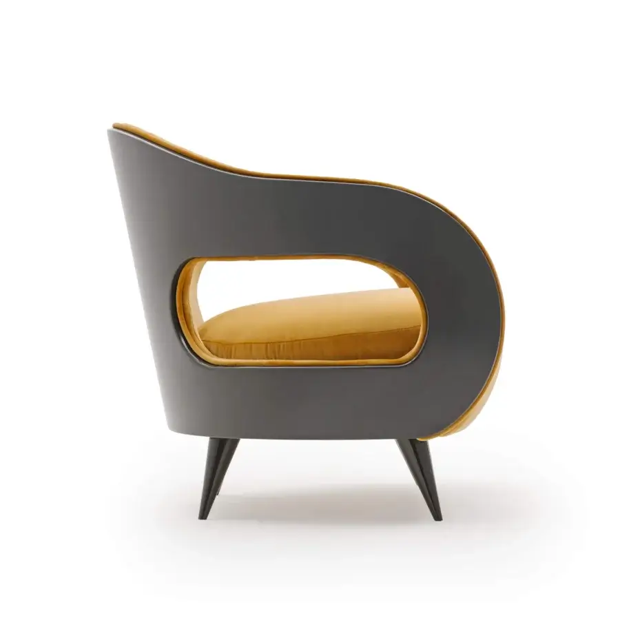 Distinguished Turri Miller lounge chair with wooden back wrapping and velvety textile upholstery in dark gray with warm yellow interior
