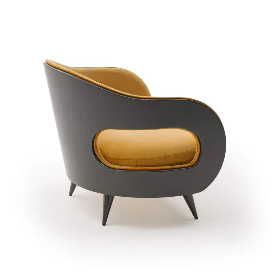 Lavish Turri Miller lounge chair with wooden back enveloping plush mustard yellow textile and dark gray glossy shell