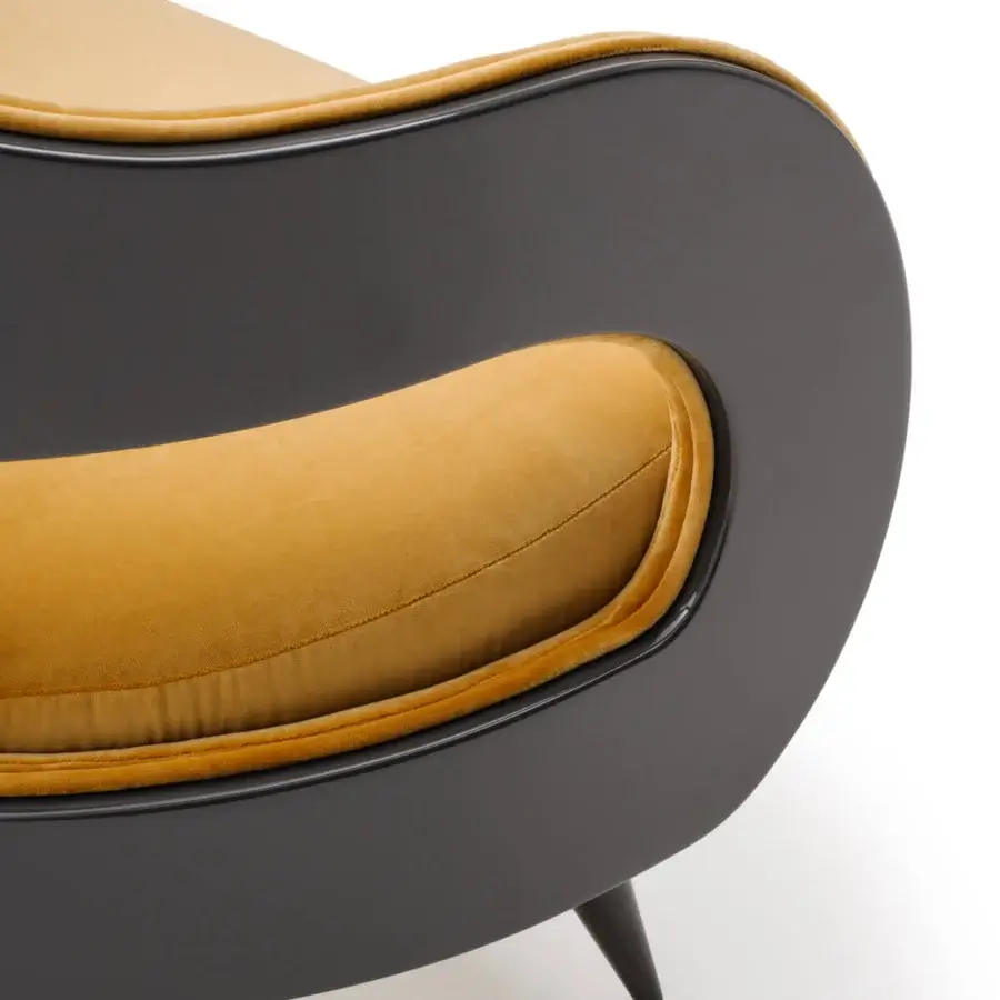 Sophisticated Turri Miller lounge chair with golden yellow textile interior and dark gray wooden back