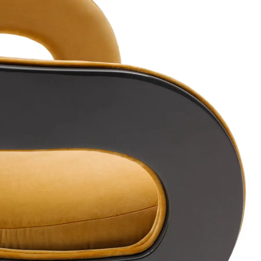 Elegant Turri Miller lounge chair with mustard-yellow textile and a glossy dark-colored wooden frame