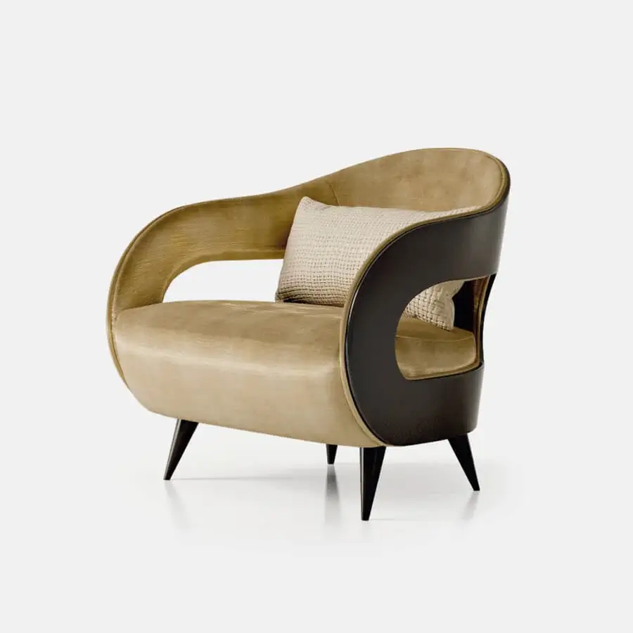 Exclusive Turri Miller lounge chair crafted with tan textile and velvety finish, accented by dark conical legs