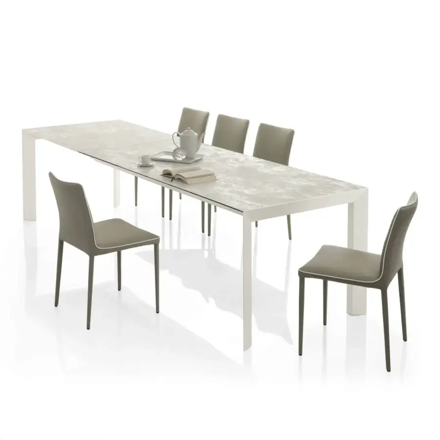 Sophisticated Bontempi Genio extendable table with light gray and beige mottled tabletop and white legs