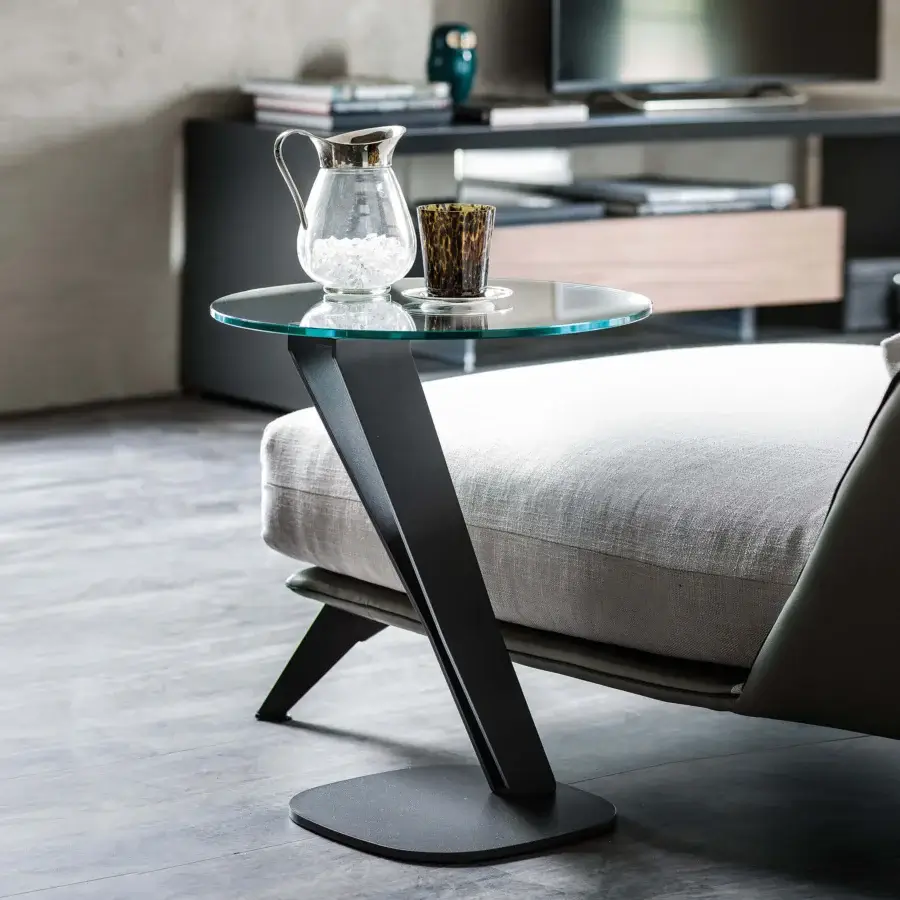 Distinguished Cattelan Italia Falco side table with transparent glass top and matte black industrial steel base
