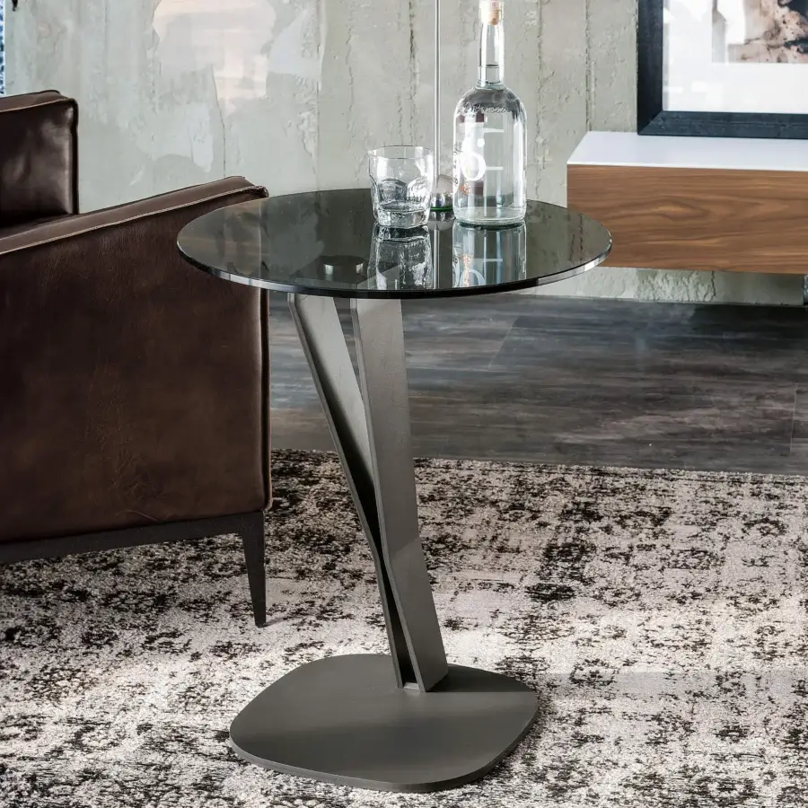 Distinguished Cattelan Italia Falco side table with smoked glass top and dark gray matte steel base