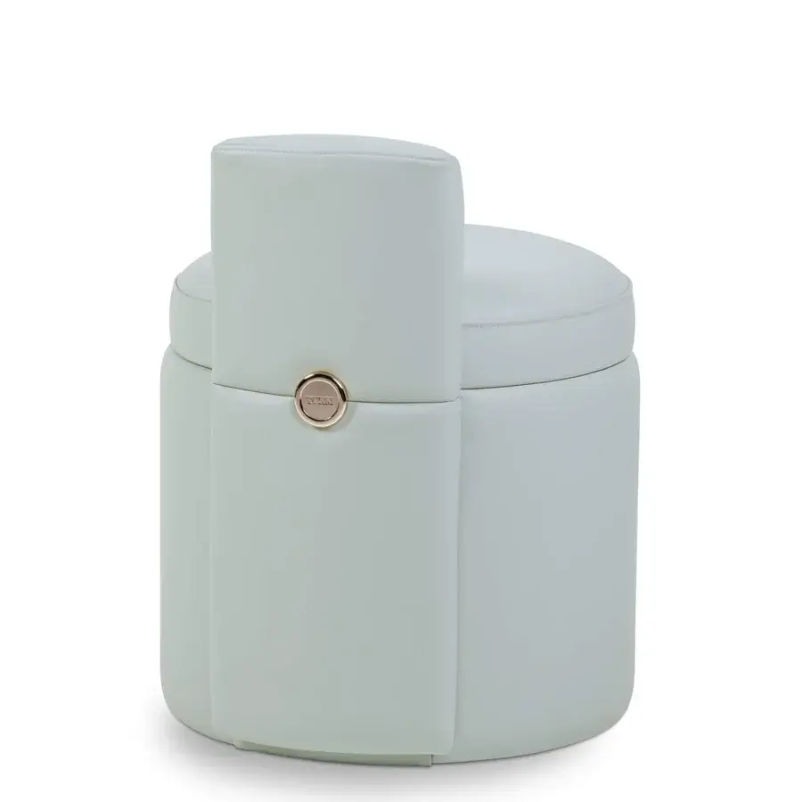 Distinguished Turri Madison ottoman with cylindrical body and squared backrest upholstered in light blue synthetic material with gold button