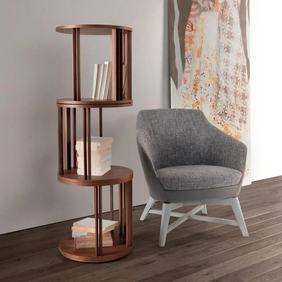 Exceptional Pacini & Cappellini Oasi bookcase with cylindrical design in Canaletto walnut veneer and smooth medium brown finish