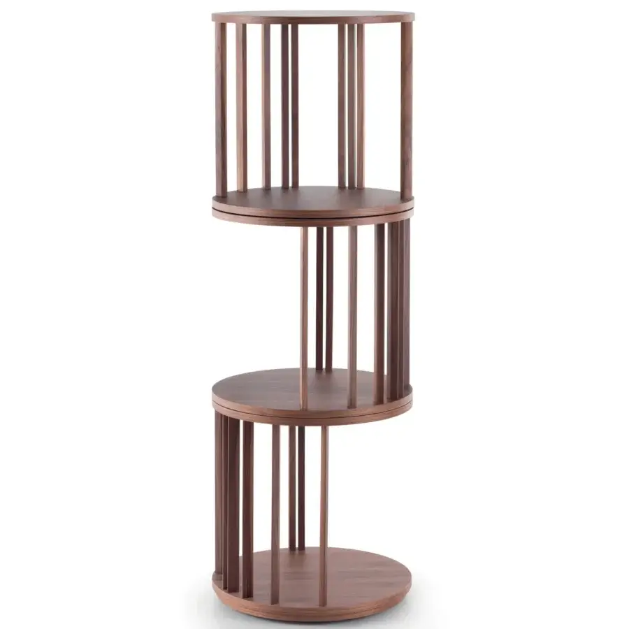 Elegant Pacini & Cappellini Oasi bookcase with overlapping circular shelves in Canaletto walnut and smooth matte veneer