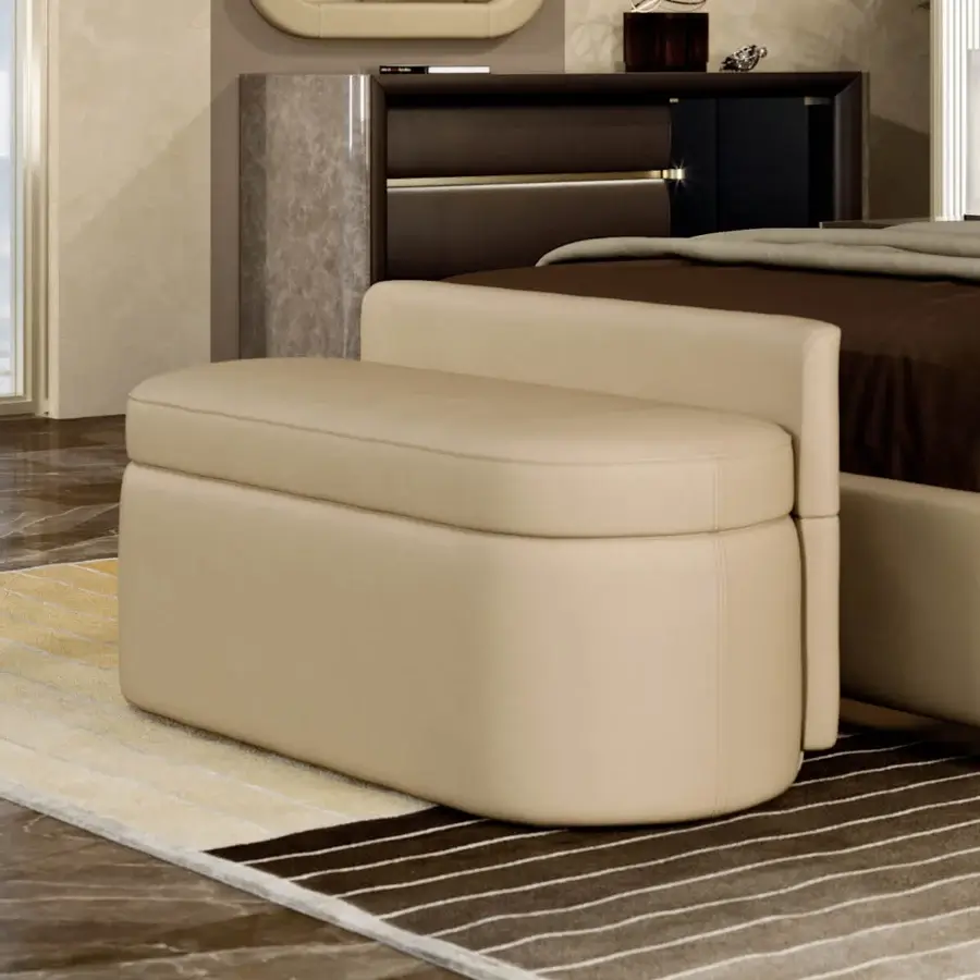 Elegant Turri Madison bench with light beige covering and gold button embellishment crafted in Italy
