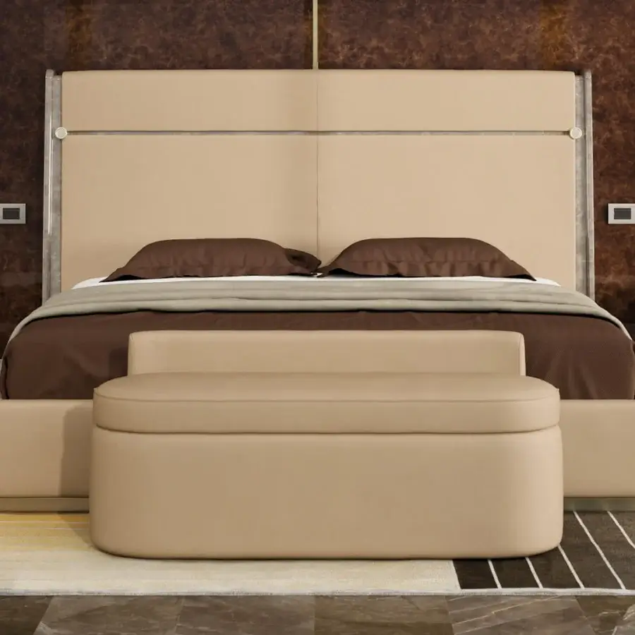 Exclusive Turri Madison bench in light beige material with refined gold button detailing