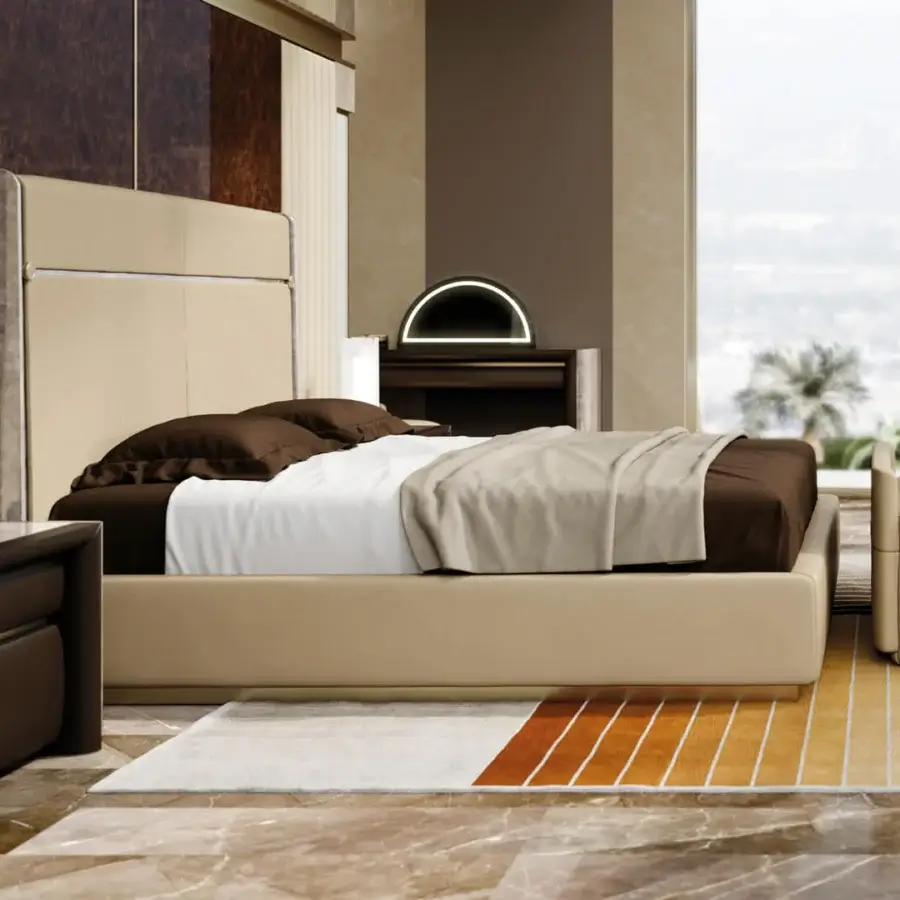 Exceptional Turri Madison bench in light beige textile with a refined gold button detail