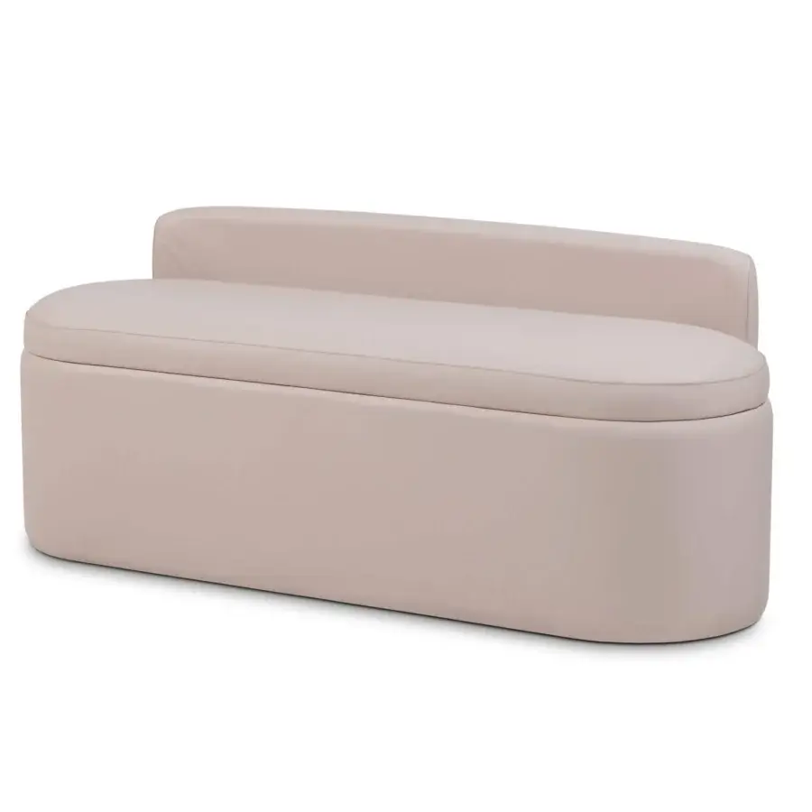 Exceptional Turri Madison bench fully covered in light neutral fabric or leather with gold button detail