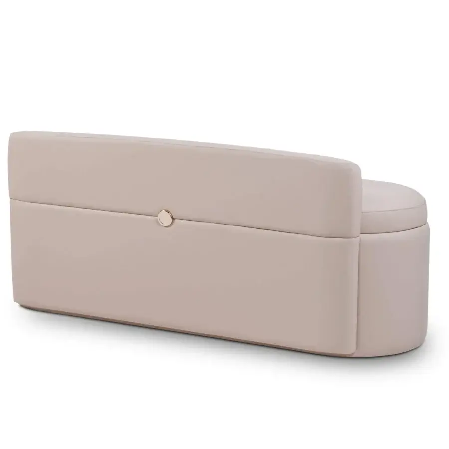 Exclusive Turri Madison bench fully covered in smooth light beige synthetic leather with a refined gold button