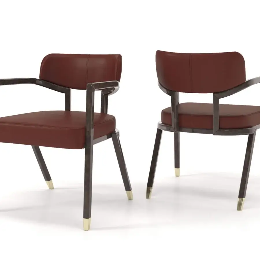 Exceptional Turri Madison armchair with reddish-brown leather upholstery and glossy lacquered solid wood built with light gold metal feet