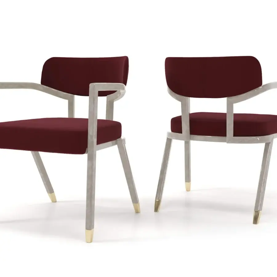 Sophisticated Turri Madison armchair with burgundy seat and light gold metal feet in glossy lacquered solid wood frame