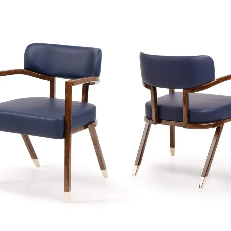Distinguished Turri Madison armchair with navy blue upholstery and glossy lacquered solid wood built with light gold metal feet