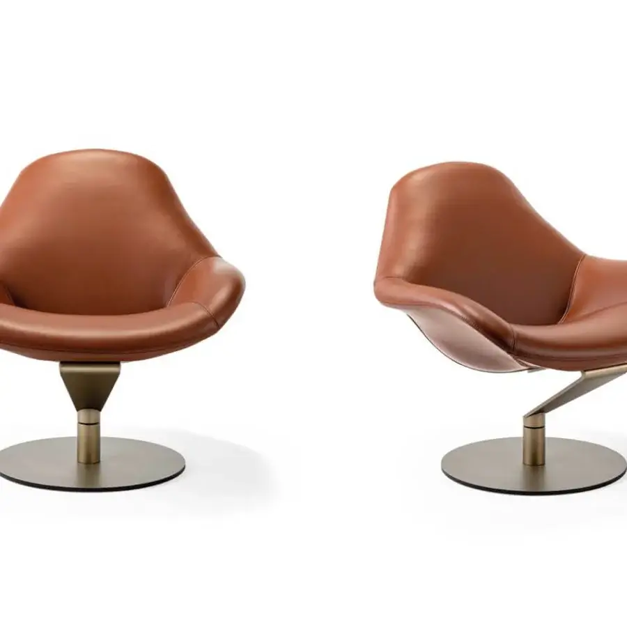 Distinguished Reflex Zenith lounge chair with warm brown leather upholstery and a glazed stainless steel swiveling base crafted in Italy
