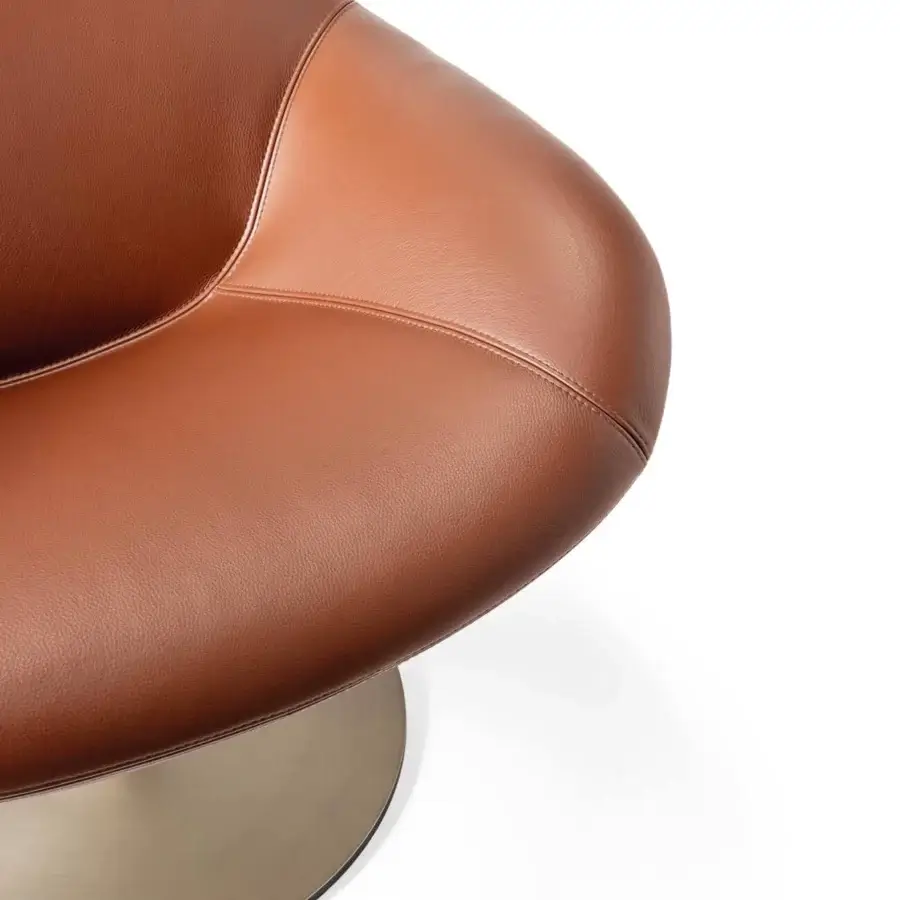 Superior Reflex Zenith lounge chair with tan-to-dark-brown leather and glazed stainless steel swiveling base crafted in Italy
