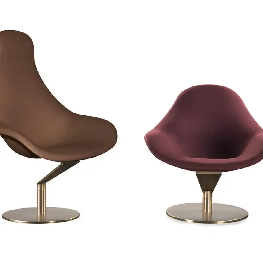 Sophisticated Reflex Zenith lounge chair with a swiveling glazed stainless steel base and smooth brown fabric upholstery