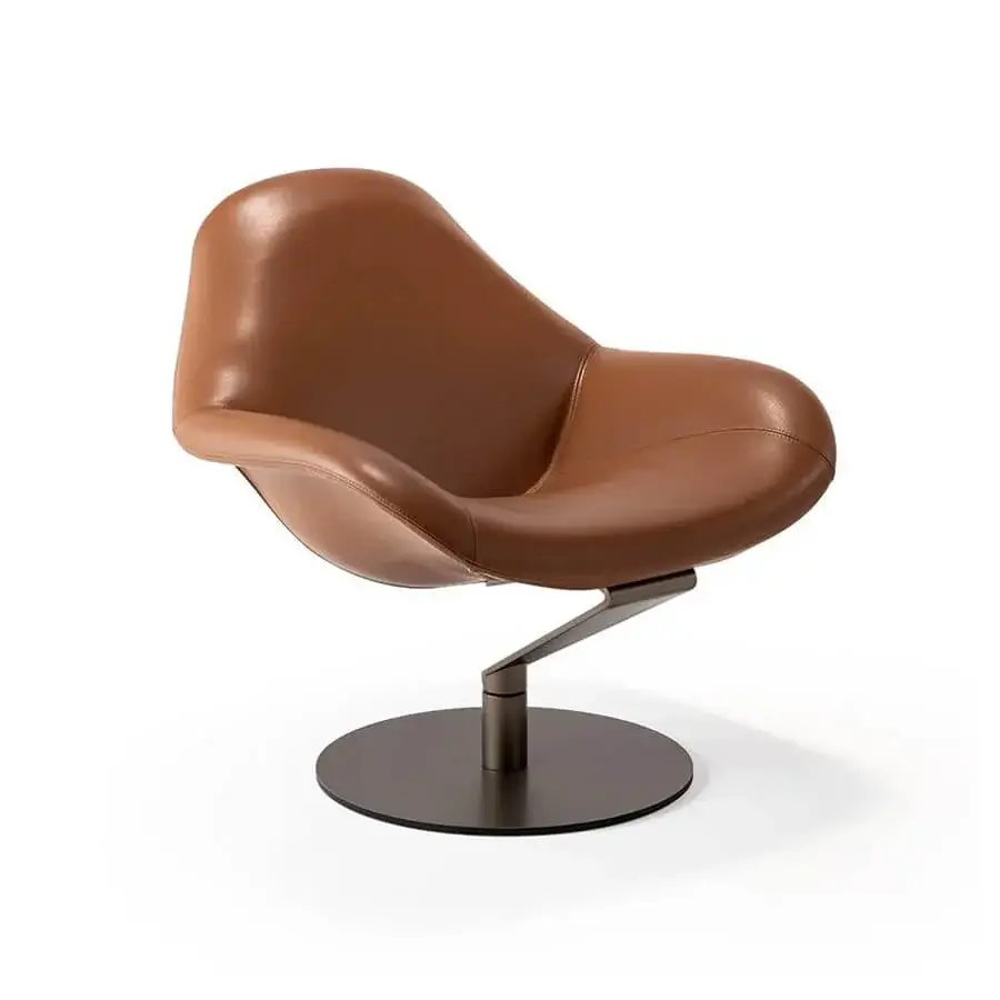 Lavish Reflex Zenith lounge chair with warm brown leather upholstery and glazed stainless steel swiveling base