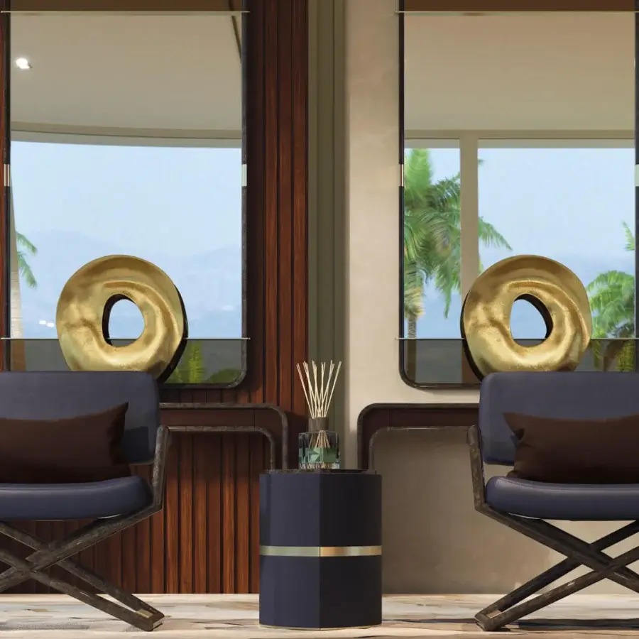 Distinctive Turri Madison director lounge chair with dark blue-gray textile and sleek dark wood frame built in Italy