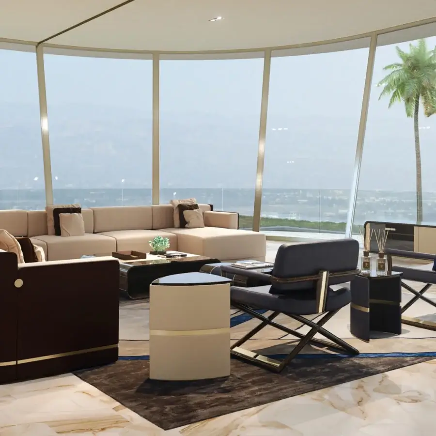 Distinguished Turri Madison lounge chair with dark blue-grey leather upholstery and satin finished wooden structure