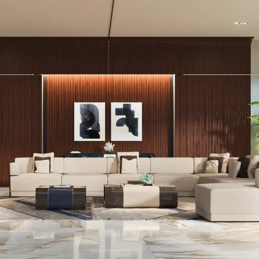 Superior Turri Madison director lounge chair with a dark wooden structure and plush blue textile upholstery