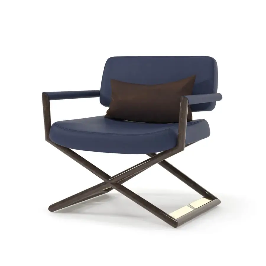 Distinguished Turri Madison Director lounge chair with blue padded seating and a dark finished wooden frame built with metal accents